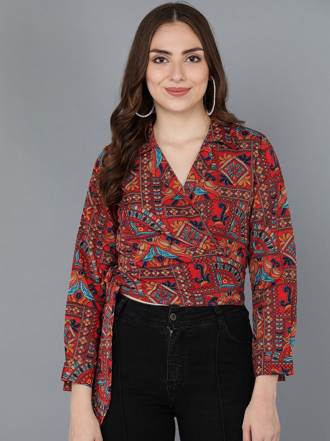 

ZNX Clothing Red Print Crepe Wrap Top