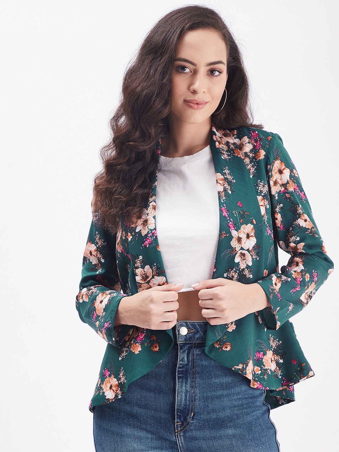 

PURYS Women Green & Peach-Coloured Printed Shrug