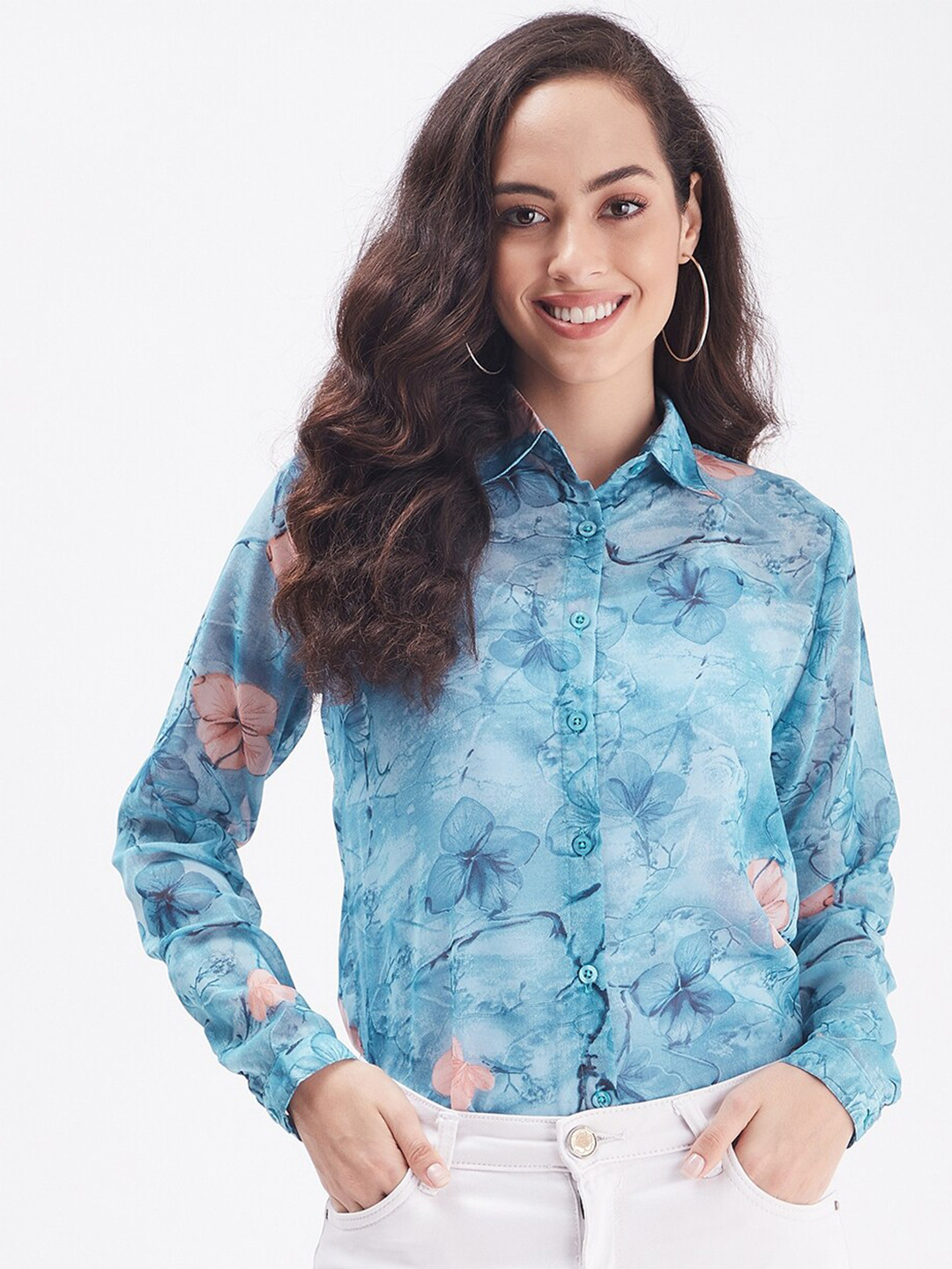 

PURYS Women Blue Smart Floral Printed Casual Shirt
