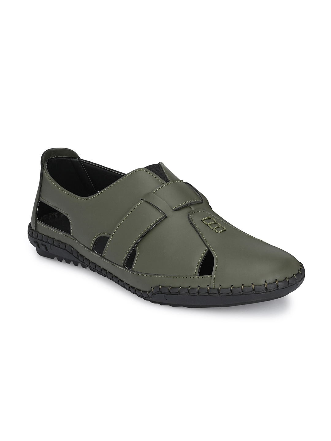 

MENGLER Men Olive Green & Black Shoe-Style Sandals