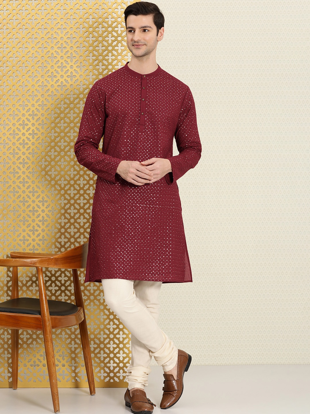 

House of Pataudi Men Maroon Checked Embroidered Pure Cotton Jashn Kurta