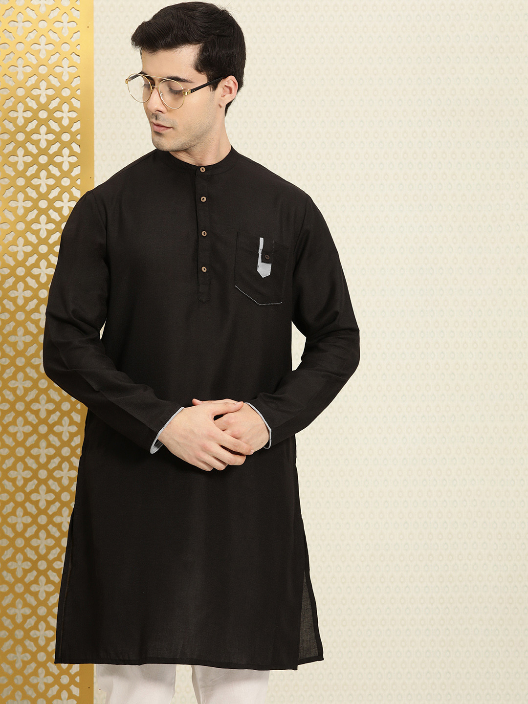 

House of Pataudi Men Solid Band Collar Straight Rozana Kurta, Black