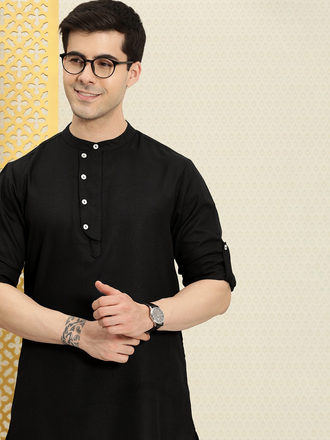 

House of Pataudi Men Solid Band Collar Straight Rozana Kurta, Black
