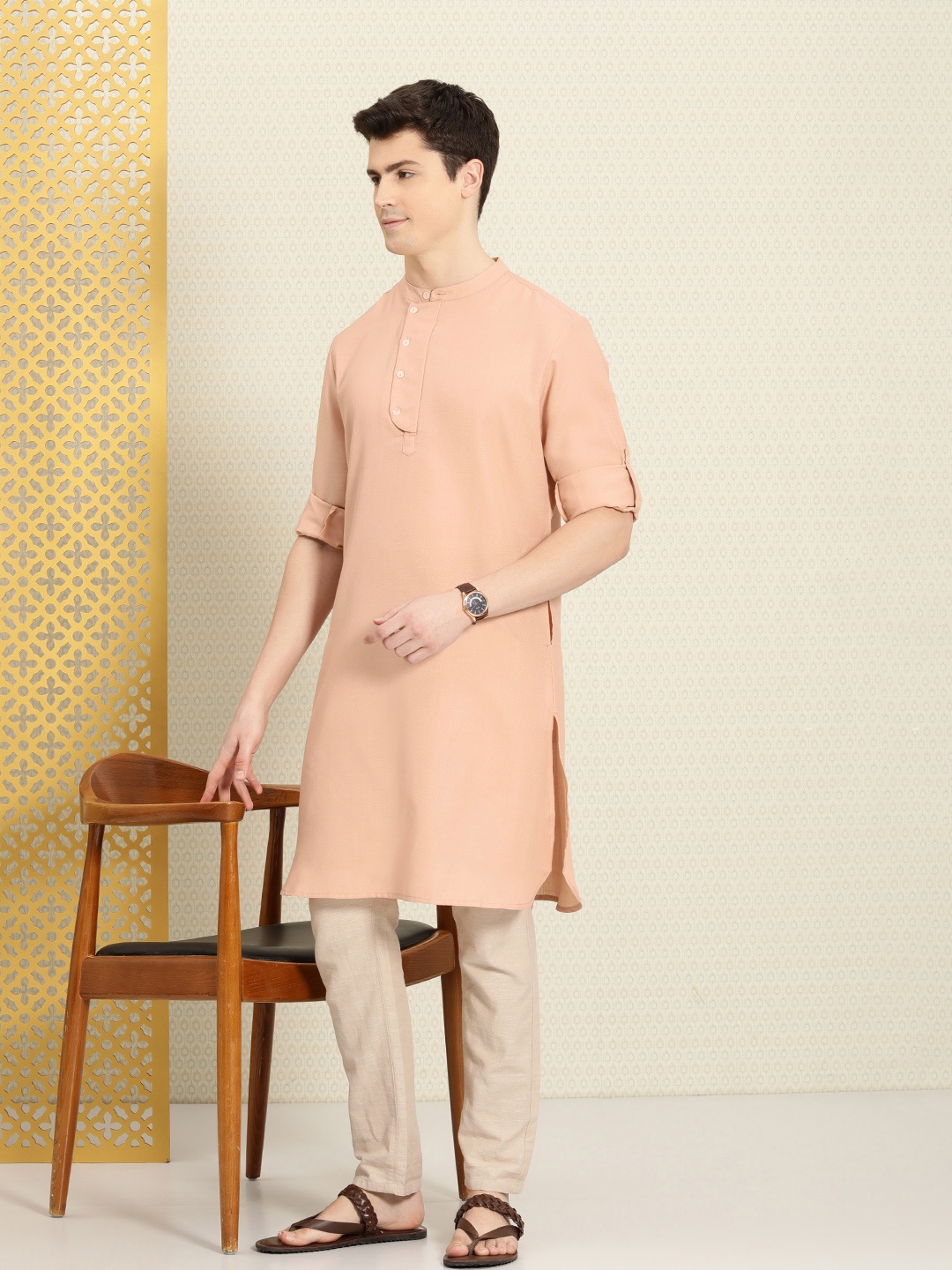 

House of Pataudi Men Solid Band Collar Knee Length Rozana Kurta, Peach