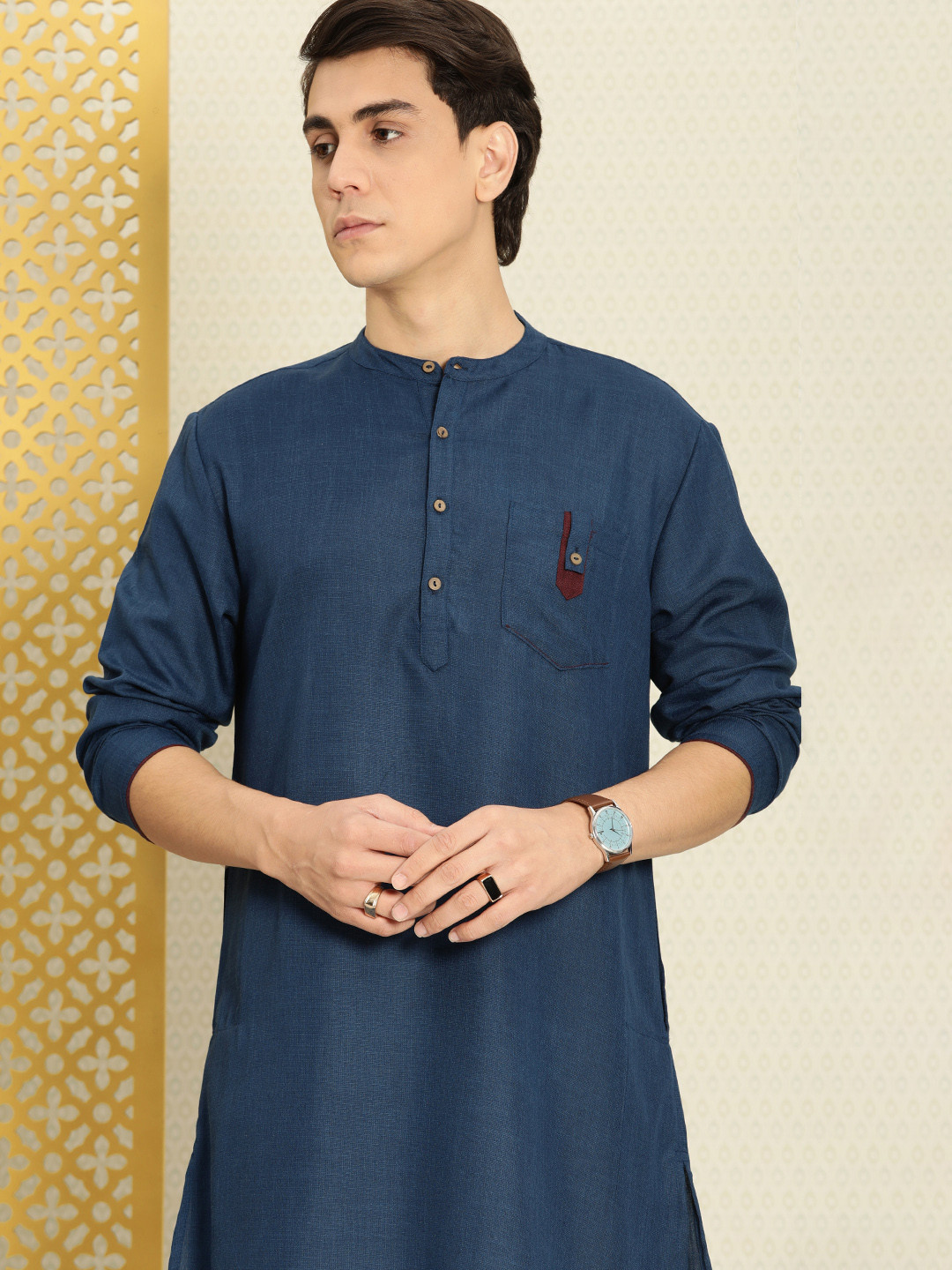 

House of Pataudi Indigo Rozana Kurta With Chest Pocket Detail, Navy blue