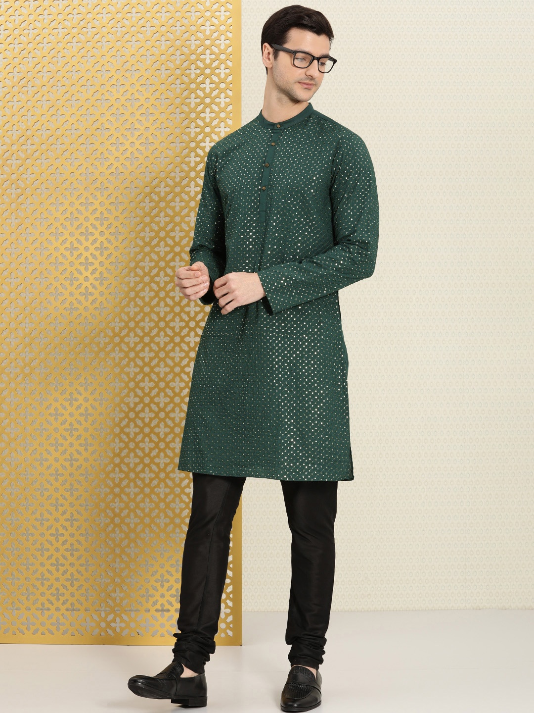 

House of Pataudi Men Dark Green Geometric Embroidered Sequinned Jashn Kurta