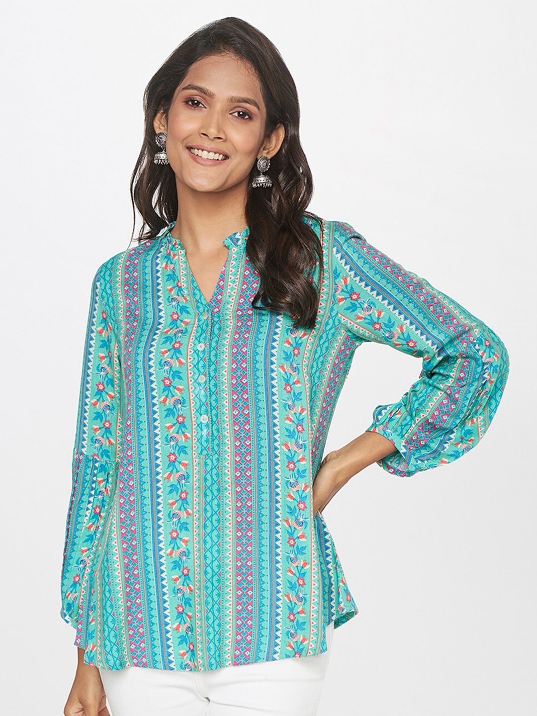 

itse Teal Geometric Print Shirt Style Top