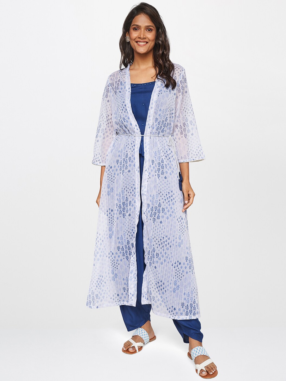 

itse Women Blue & White Embellished Top & Dhoti Pants With White Shrug