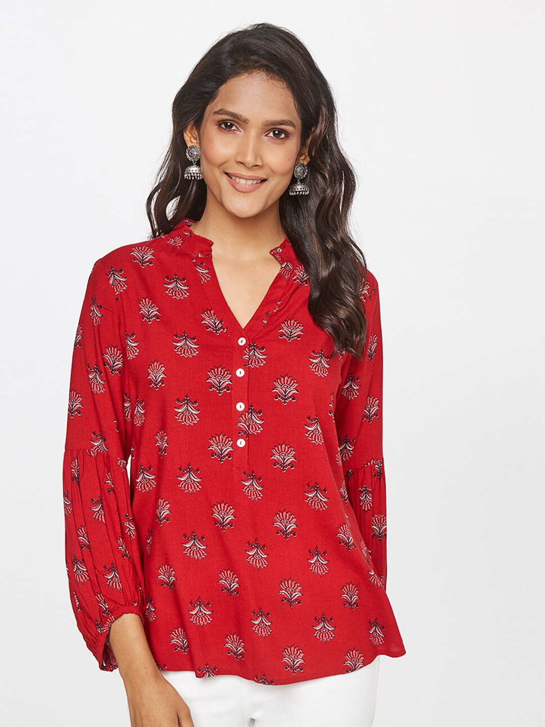 

itse Maroon Floral Print Bishop Sleeves Top