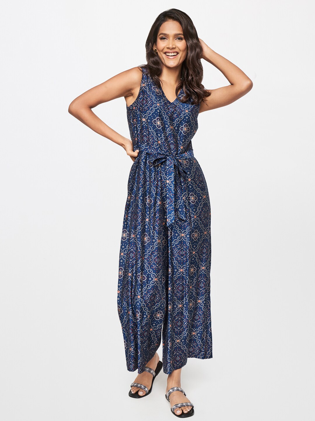 

itse Blue & Off White Printed Basic Jumpsuit