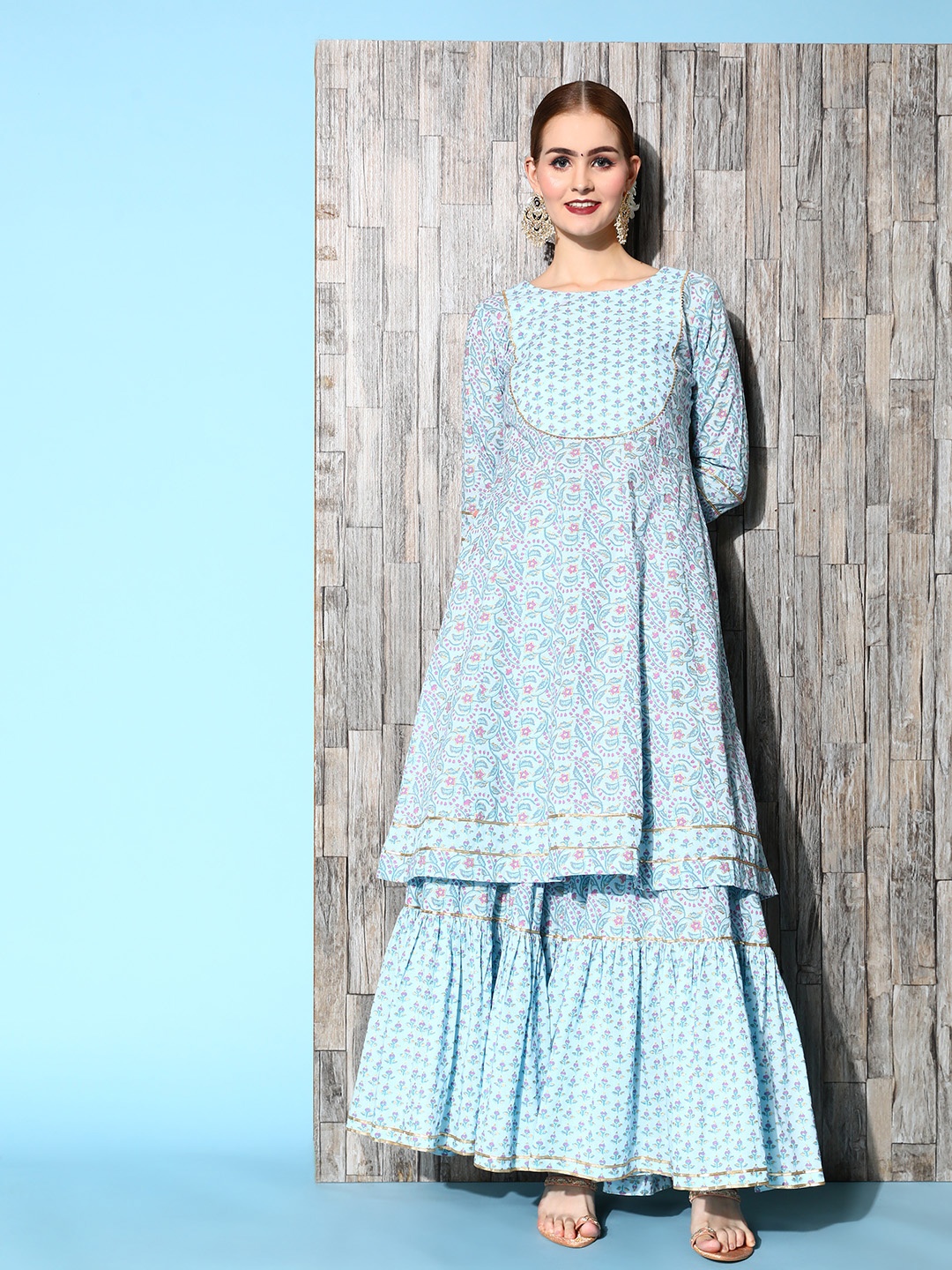 

Indo Era Women Ethnic Motifs Cotton Blend Print Parade Kurta Set, Blue