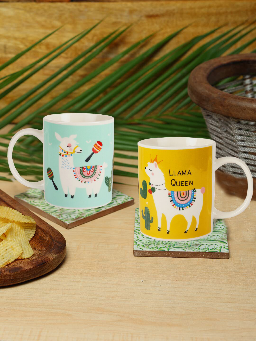 

ZEVORA Yellow & Blue Handcrafted Printed Ceramic Glossy Mugs Set of Cups and Mugs