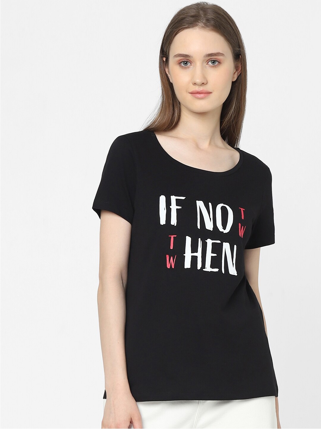 

Vero Moda Women Black Typography Printed Extended Sleeves T-shirt