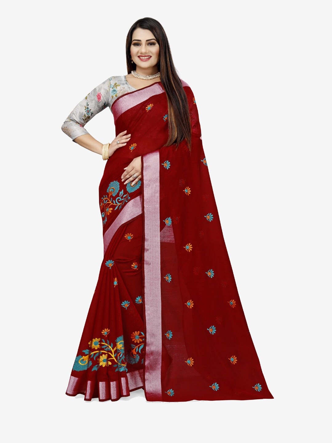 

Indian Fashionista Red & Blue Floral Embroidered Silk Cotton Uppada Saree