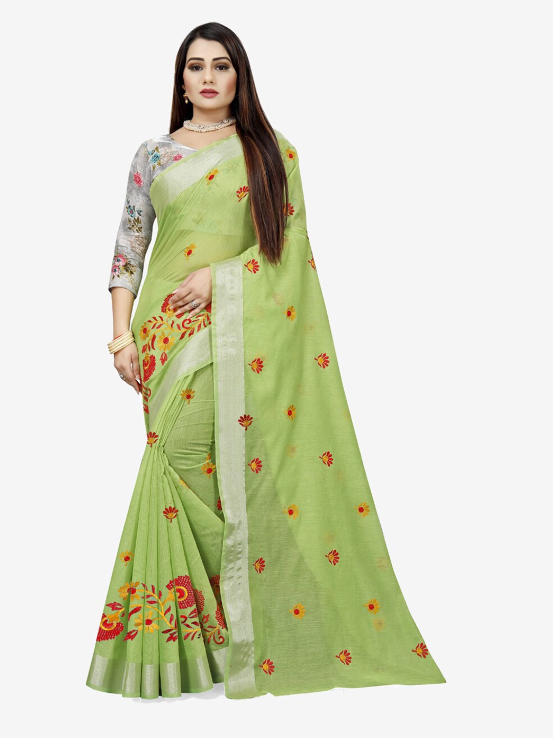 

Indian Fashionista Sea Green & Silver-Toned Floral Embroidered Silk Cotton Uppada Saree