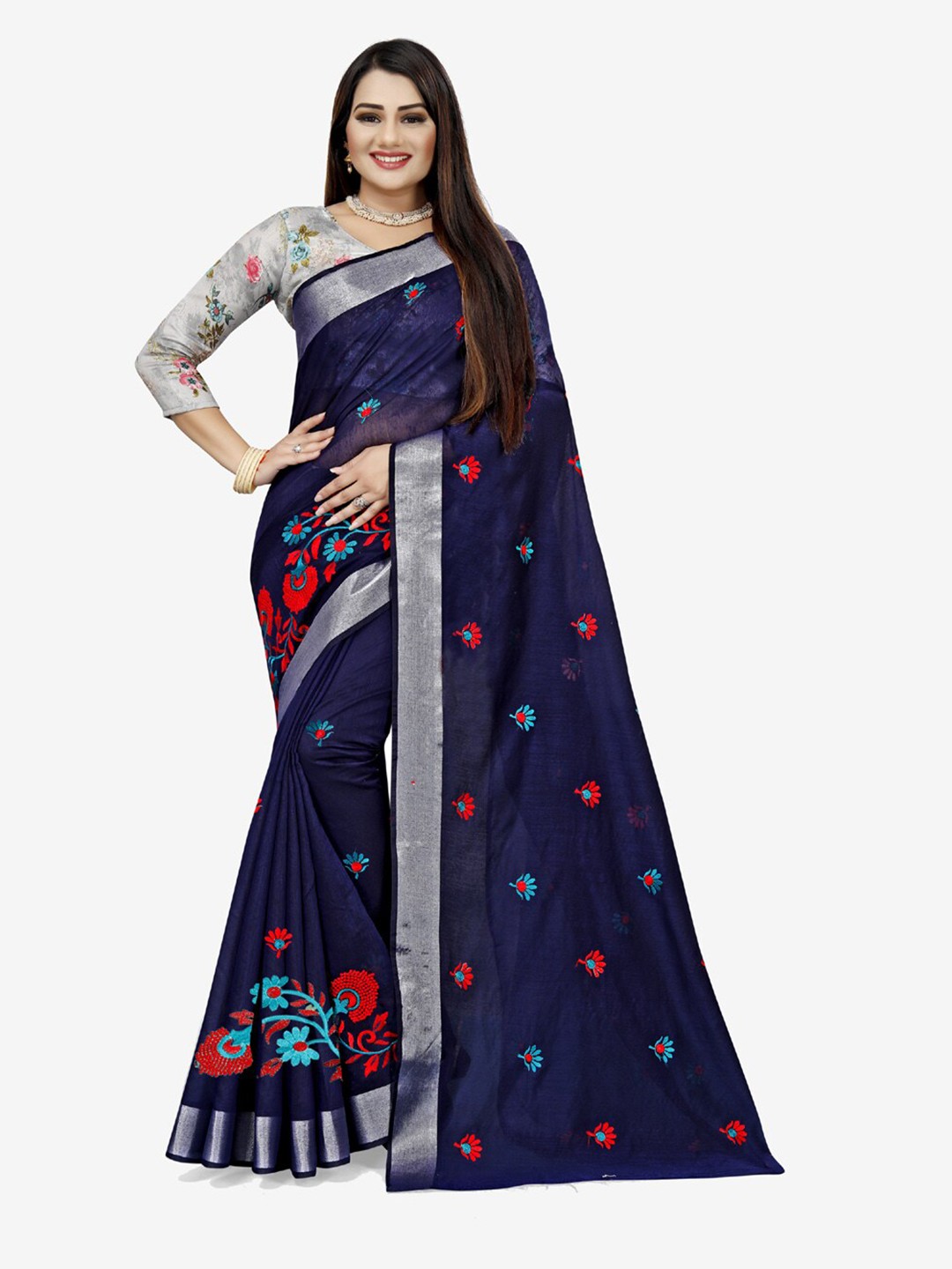 

Indian Fashionista Navy Blue & Silver-Toned Floral Embroidered Silk Cotton Uppada Saree