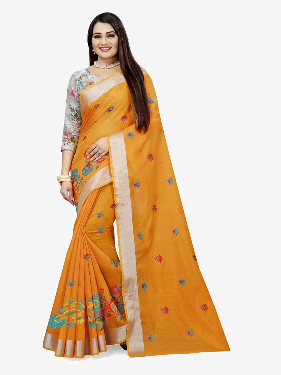 

Indian Fashionista Mustard & Silver-Toned Floral Embroidered Silk Cotton Uppada Saree