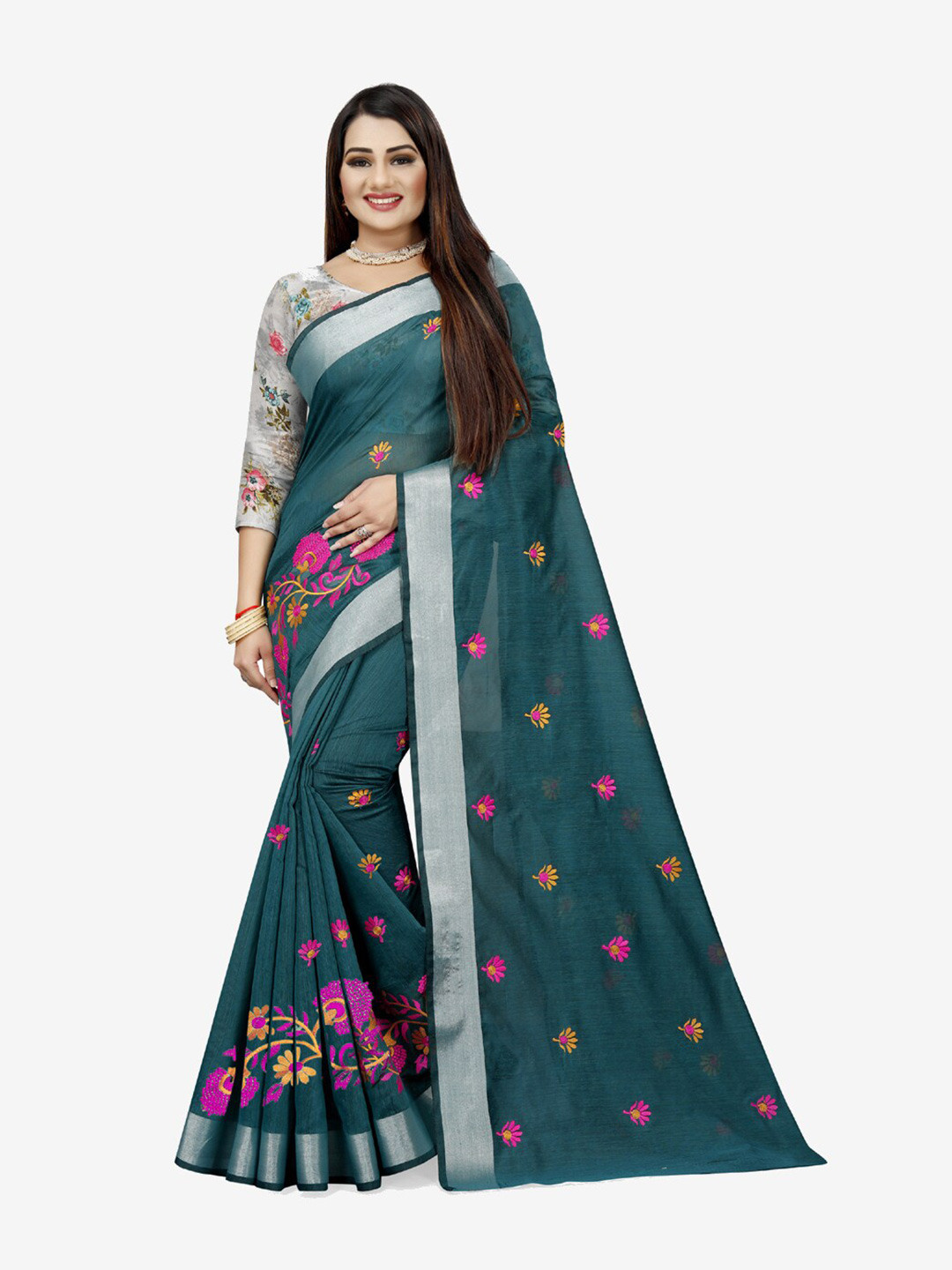 

Indian Fashionista Fluorescent Green & Pink Floral Embroidered Silk Cotton Uppada Saree