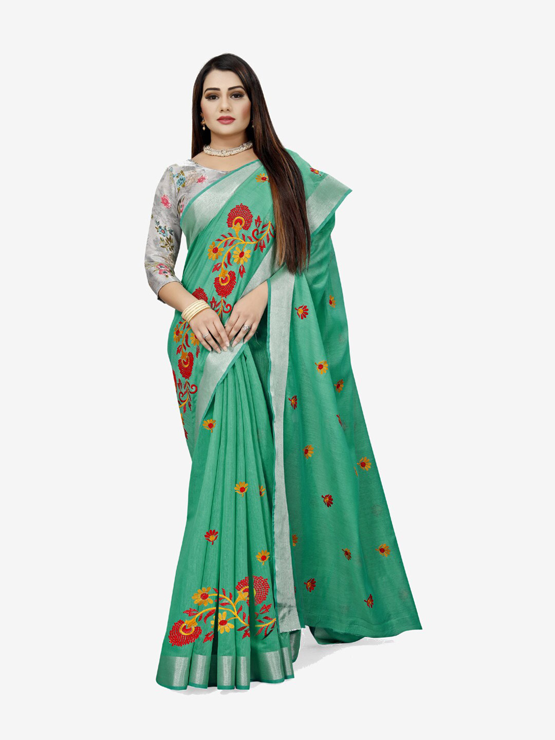 

Indian Fashionista Green & Orange Floral Embroidered Silk Cotton Uppada Saree