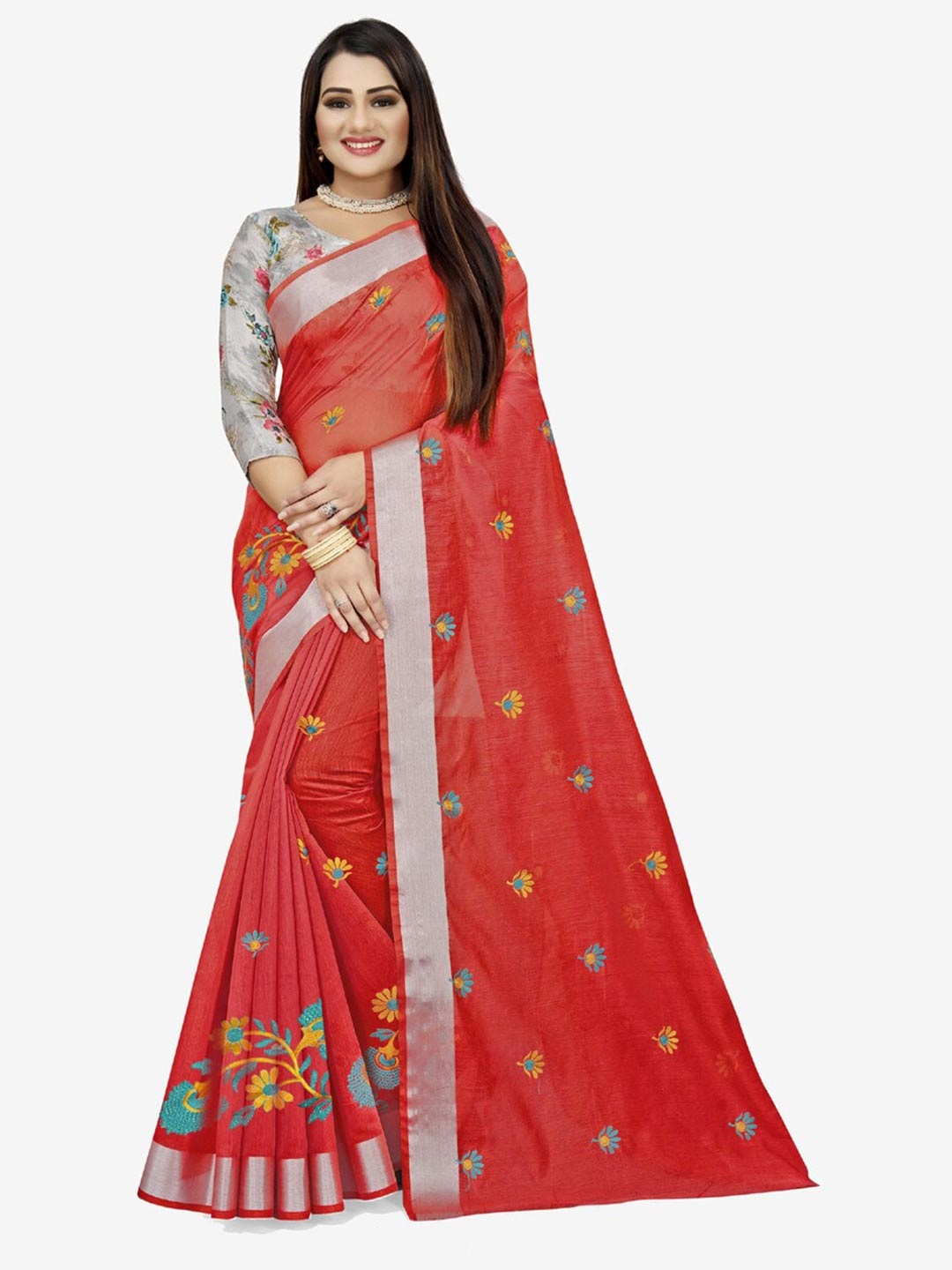 

Indian Fashionista Orange & Silver-Toned Floral Embroidered Silk Cotton Uppada Saree