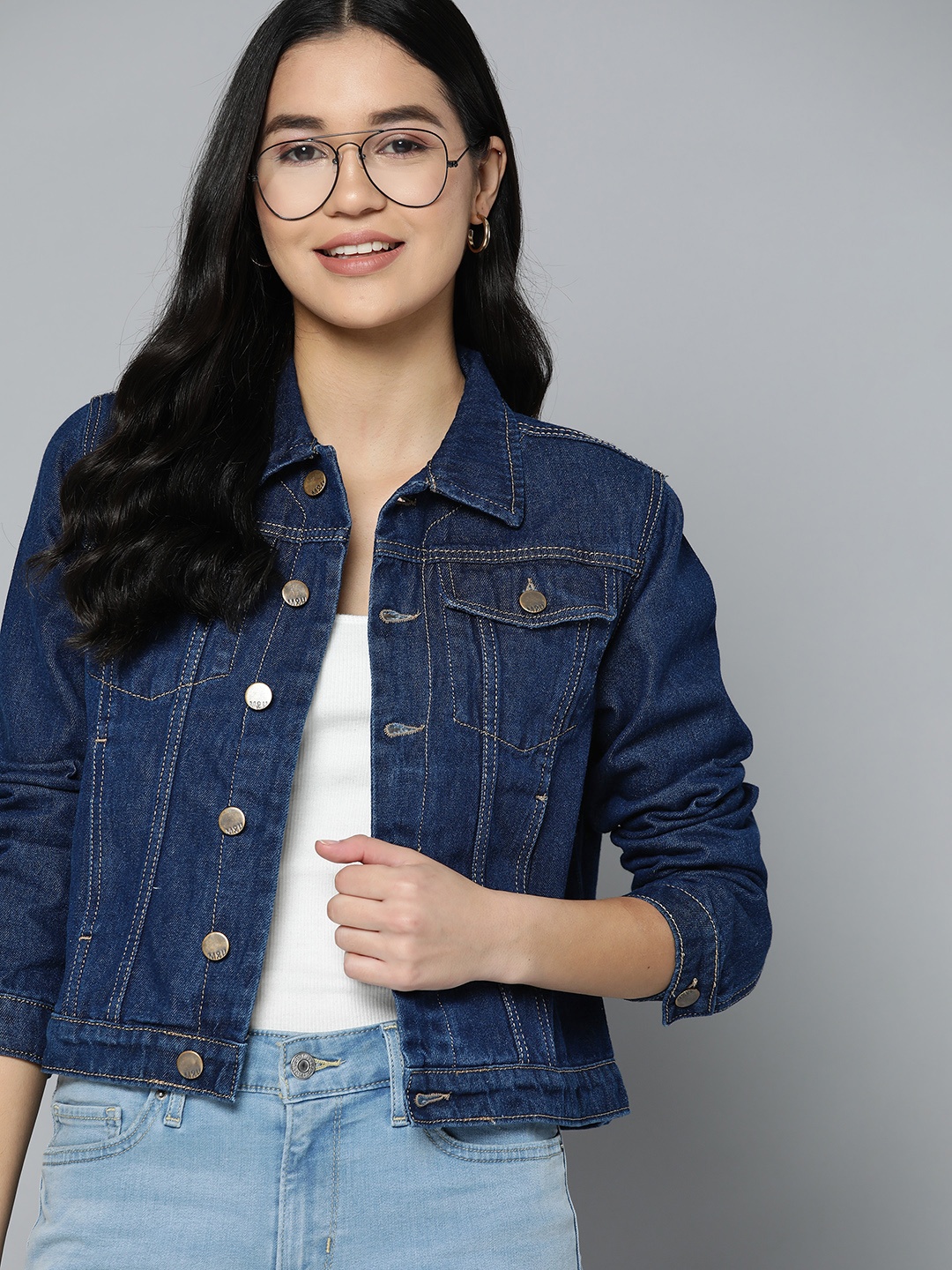 

Mast & Harbour Women Pure Cotton Denim Jacket, Navy blue