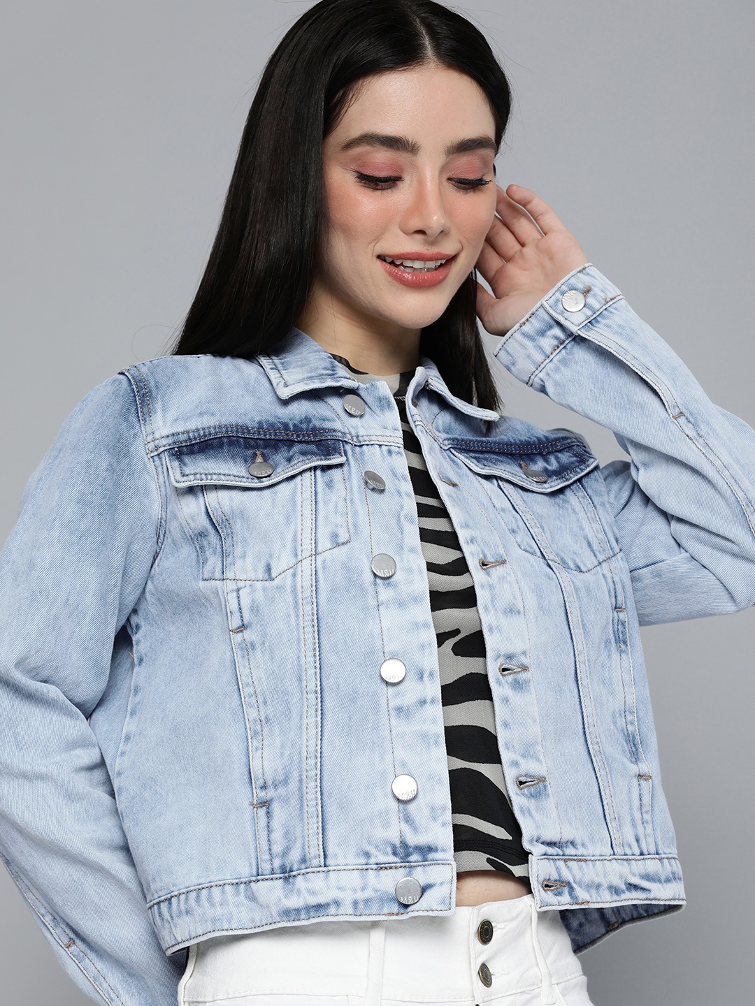 

Mast & Harbour Women Washed Pure Cotton Denim Jacket with Pocket Detail, Blue