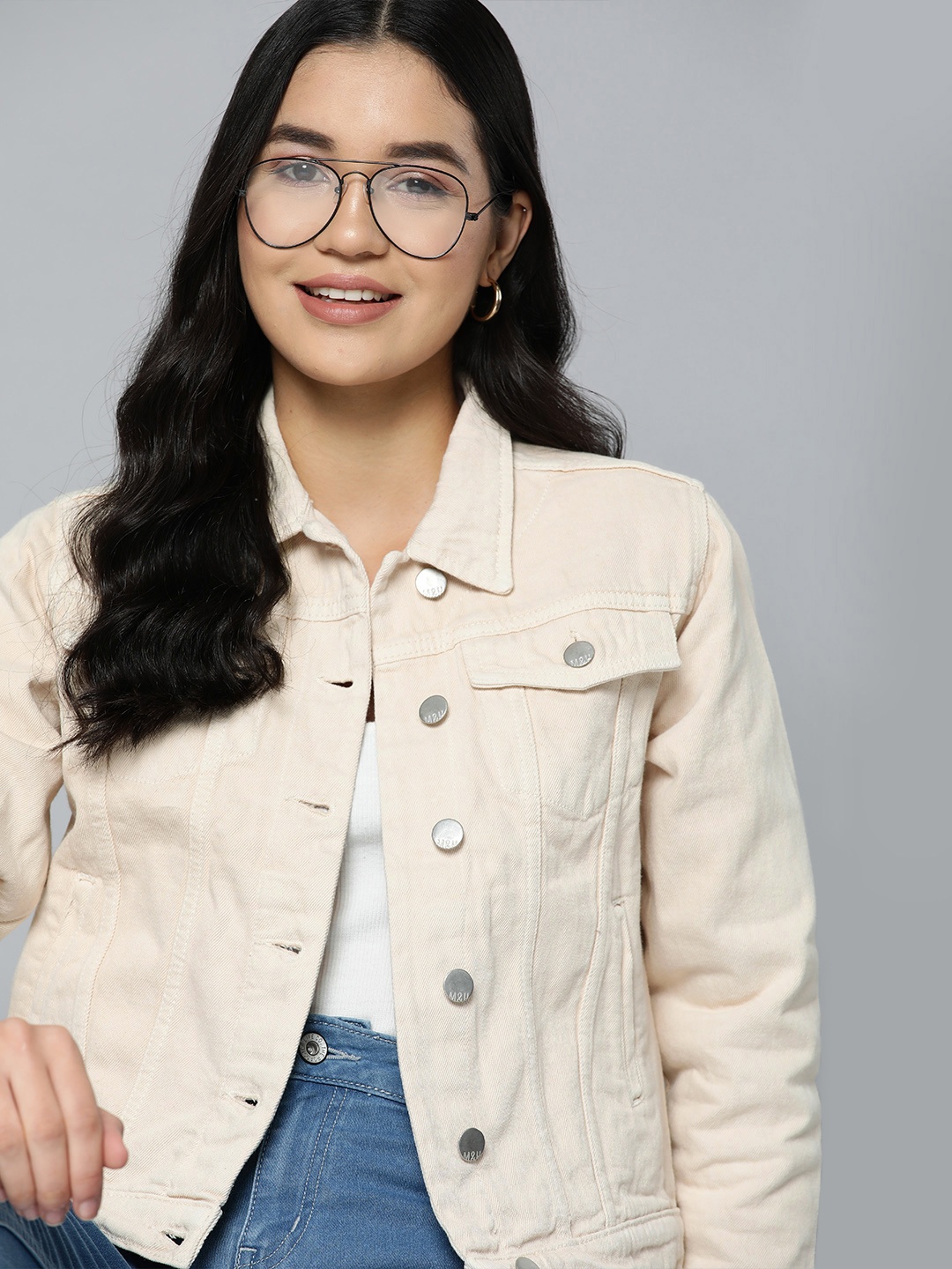 

Mast & Harbour Women Pure Cotton Denim Jacket, Off white