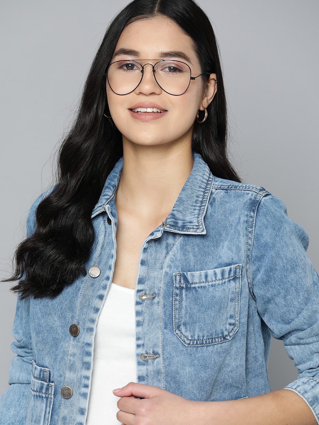 

Mast & Harbour Women Pure Cotton Denim Jacket, Blue