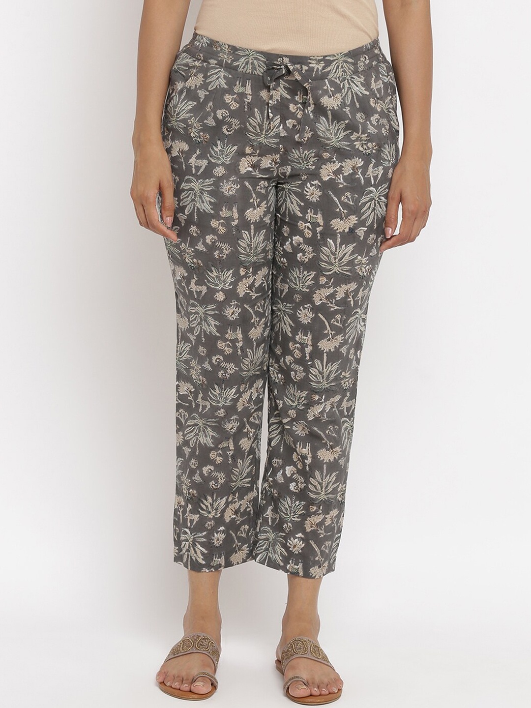

W The Folksong Collection Women Grey Ethnic Motifs Printed Trousers
