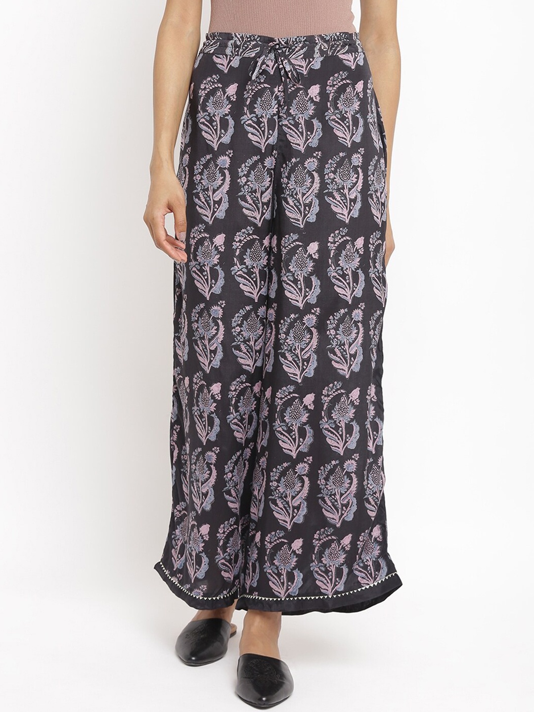 

W The Folksong Collection Women Black Ethnic Motifs Printed Trousers