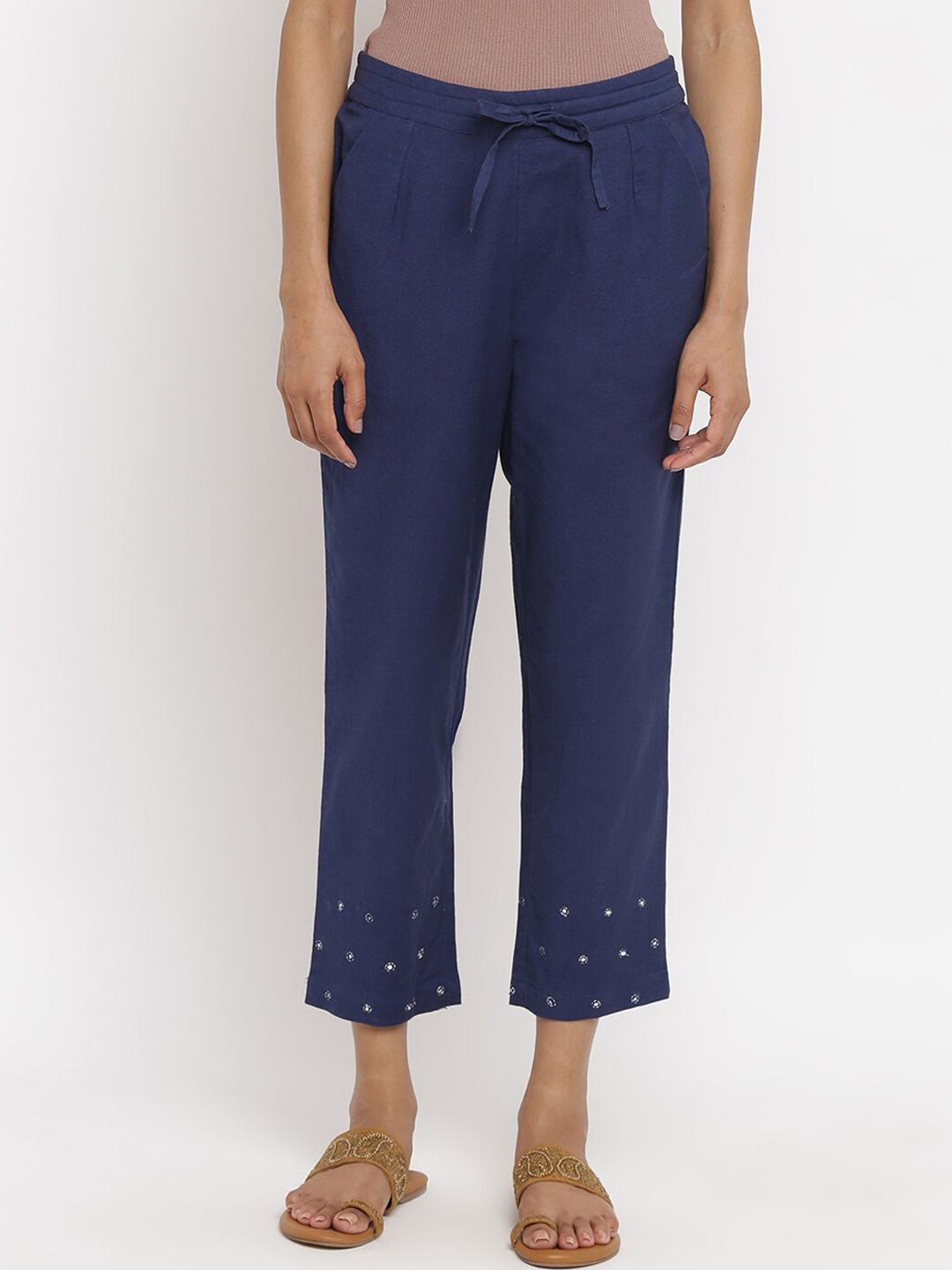 

W The Folksong Collection Women Blue Embroidered Pleated Trousers