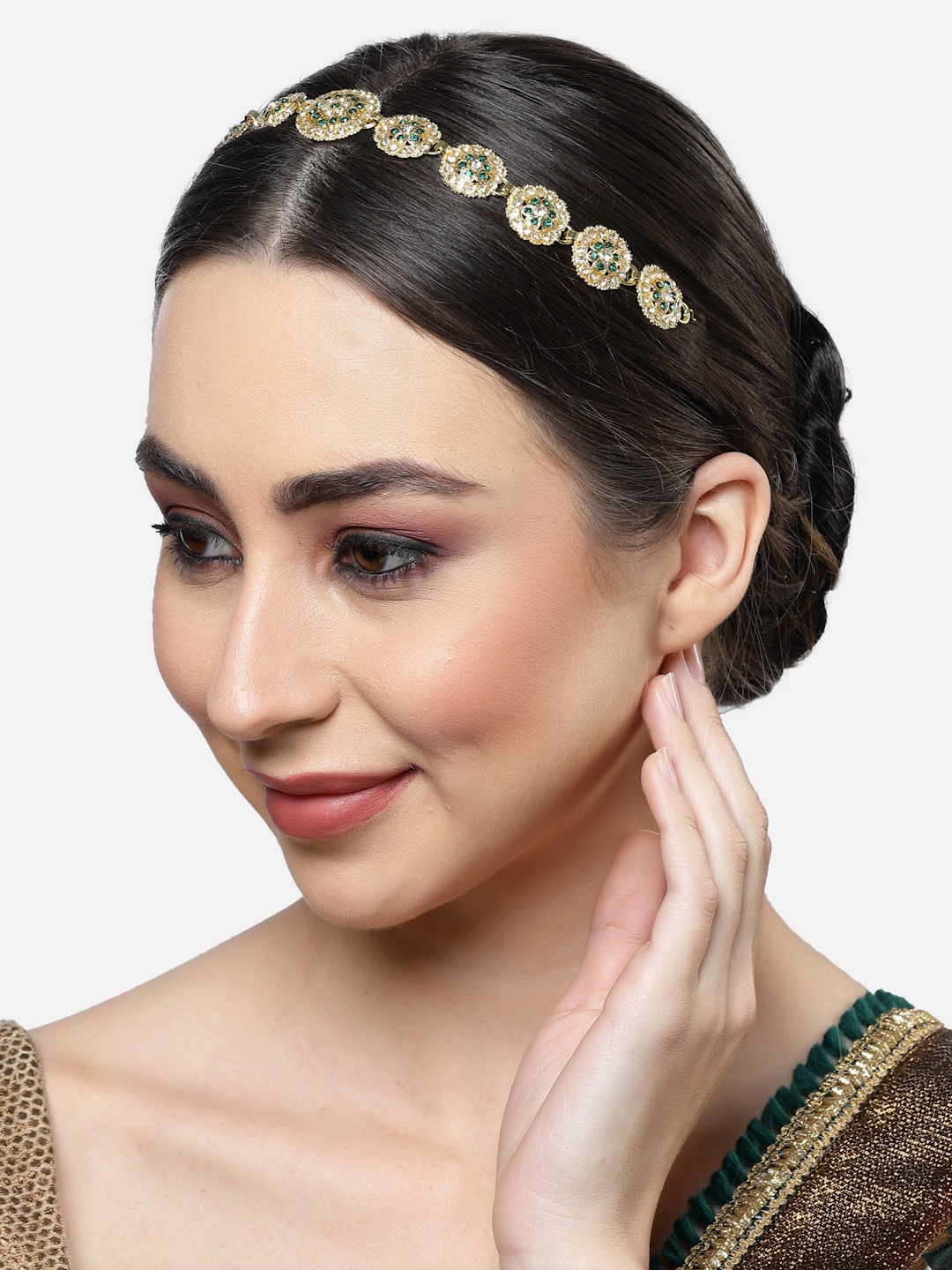 

Sanjog Gold-Plated Green AD Studded Enamelled Head Chain Matha Patti Sheeshphool