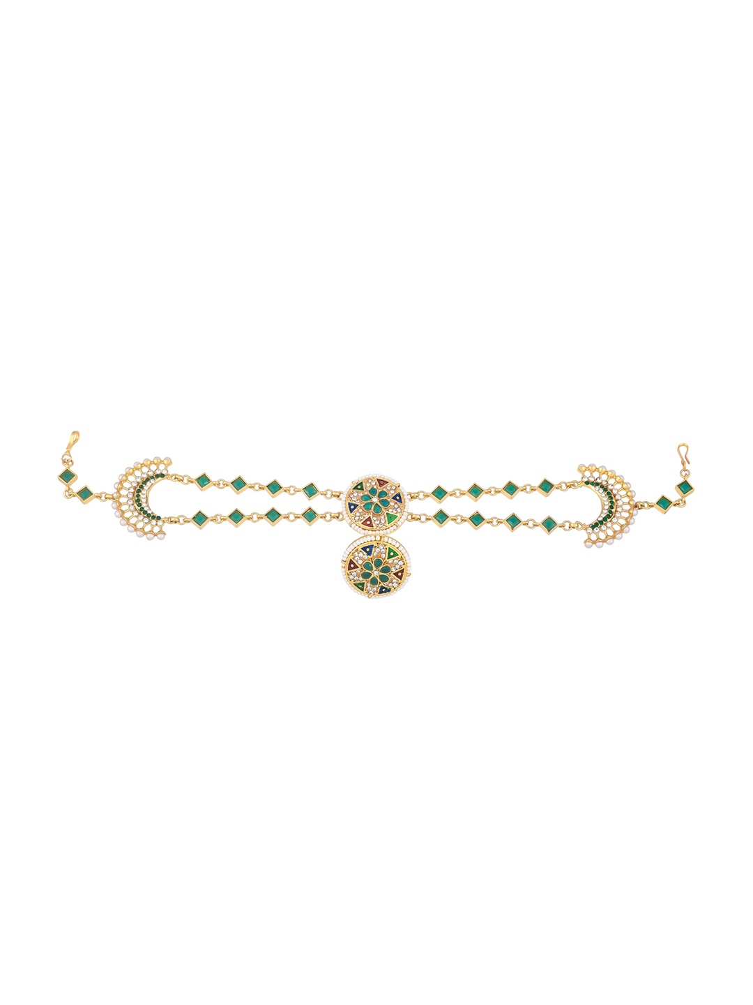 

Sanjog Gold-Plated Green & White Kundan Studded Borla Sheeshphool Matta Patti