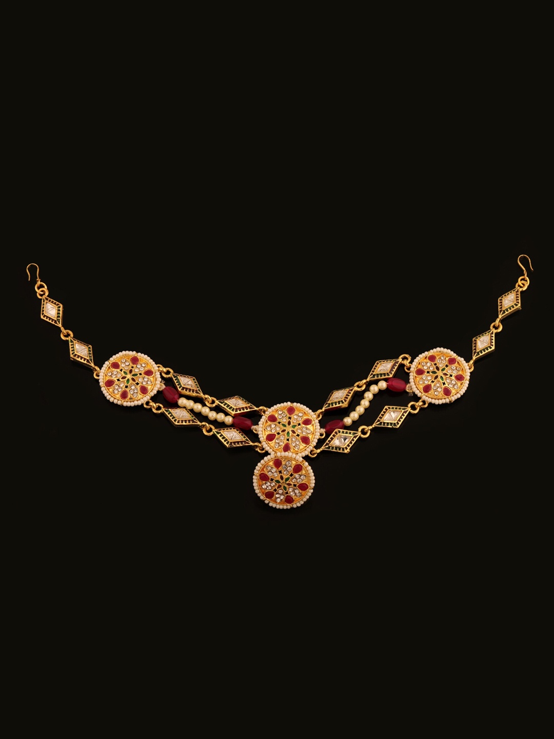 

Sanjog Gold-Plated Red Kundan-Studded & Pearl Borla Sheeshphool Mathapatti