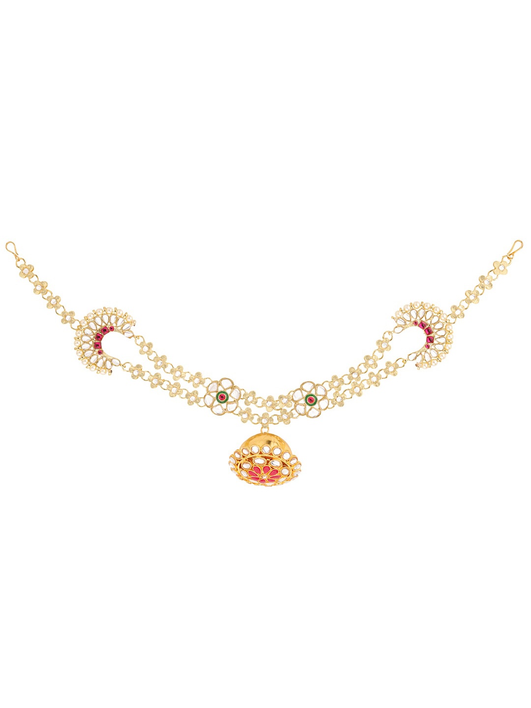 

Sanjog Gold-Plated Red & White Kundan-Studded & Pearl Borla Sheeshphool Matha Patti