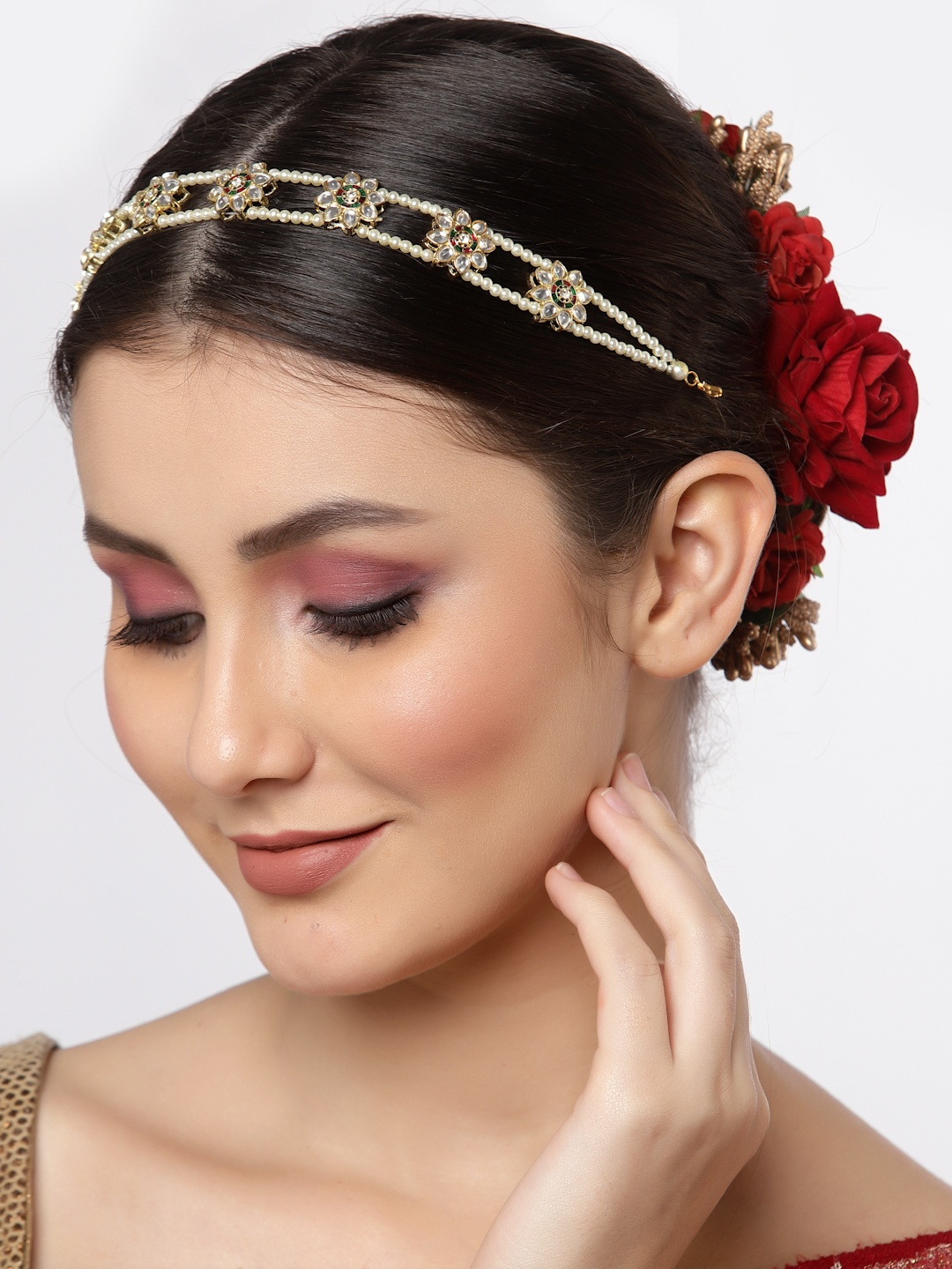 

Sanjog Gold-Plated Floral White Kundan-Studded Matha Patti Head Chain