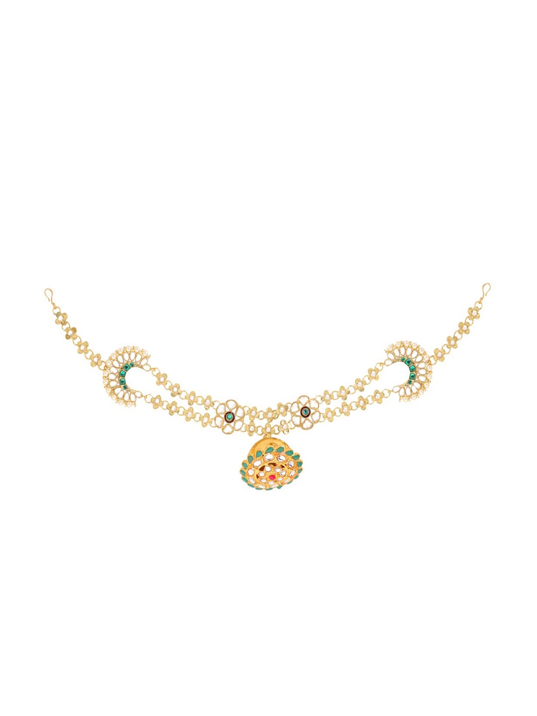 

Sanjog Gold-Plated Green & White Kundan-Studded & Pearl Sheeshphool Matha Patti