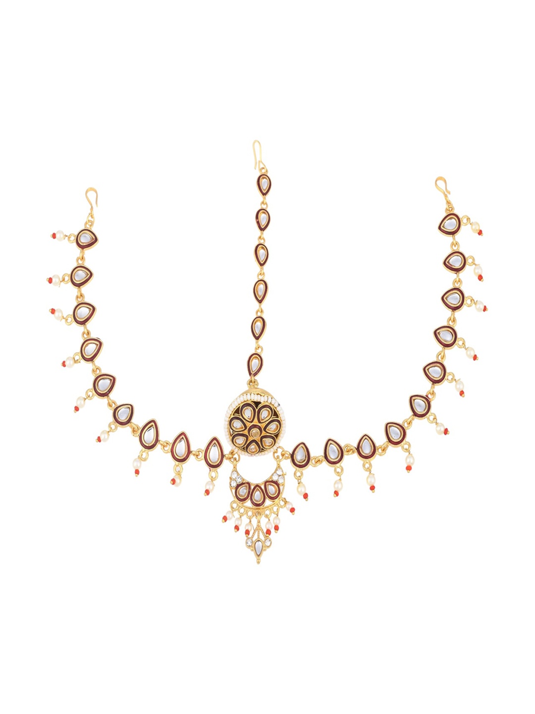 

Sanjog Gold-Plated Maroon & White Kundan-Studded & Pearl Sheeshphool Matha Patti