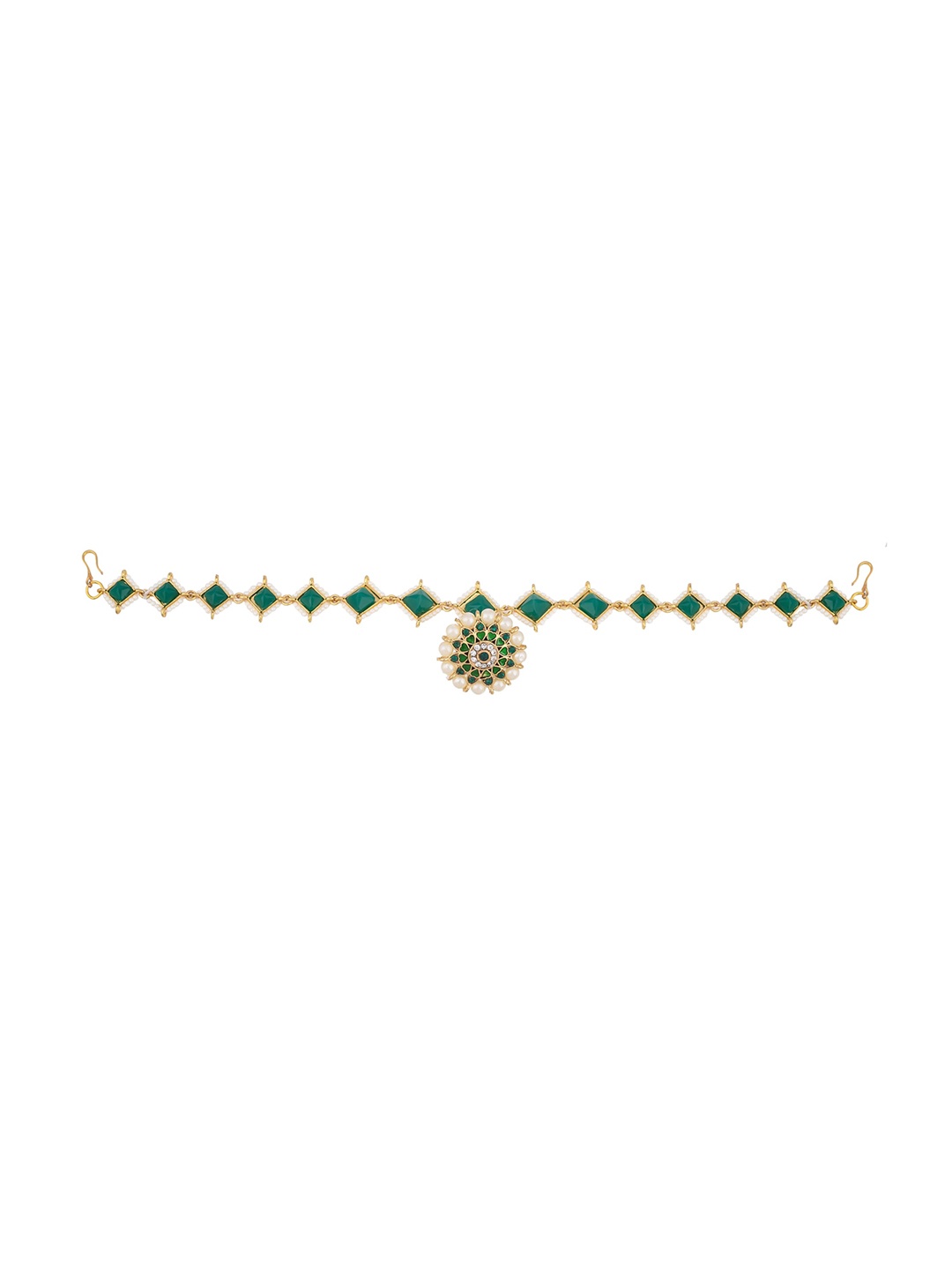 

Sanjog Gold-Plated Green & White Kundan-Studded & Pearl Borla Sheeshphool Matha Patti