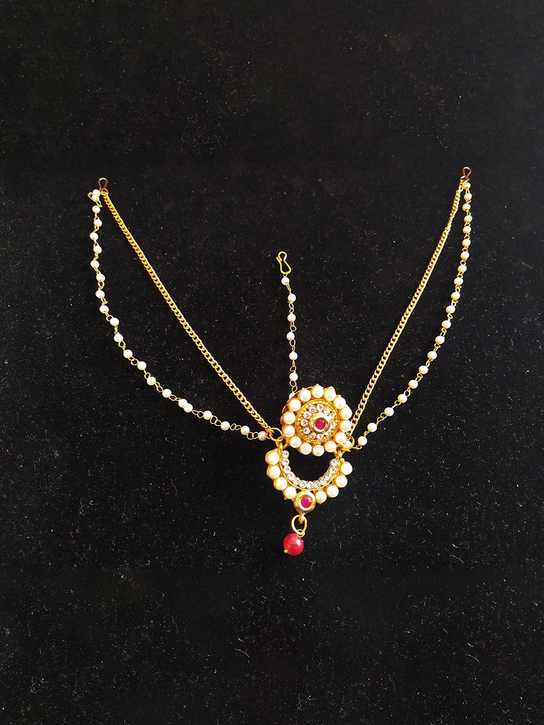 

Sanjog Gold-Plated Pink & White Kundan-Studded & Pearl Borla Matha Patti