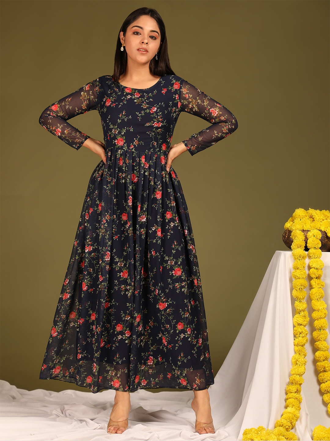 

KALINI Navy Blue Floral Layered Georgette Maxi Dress