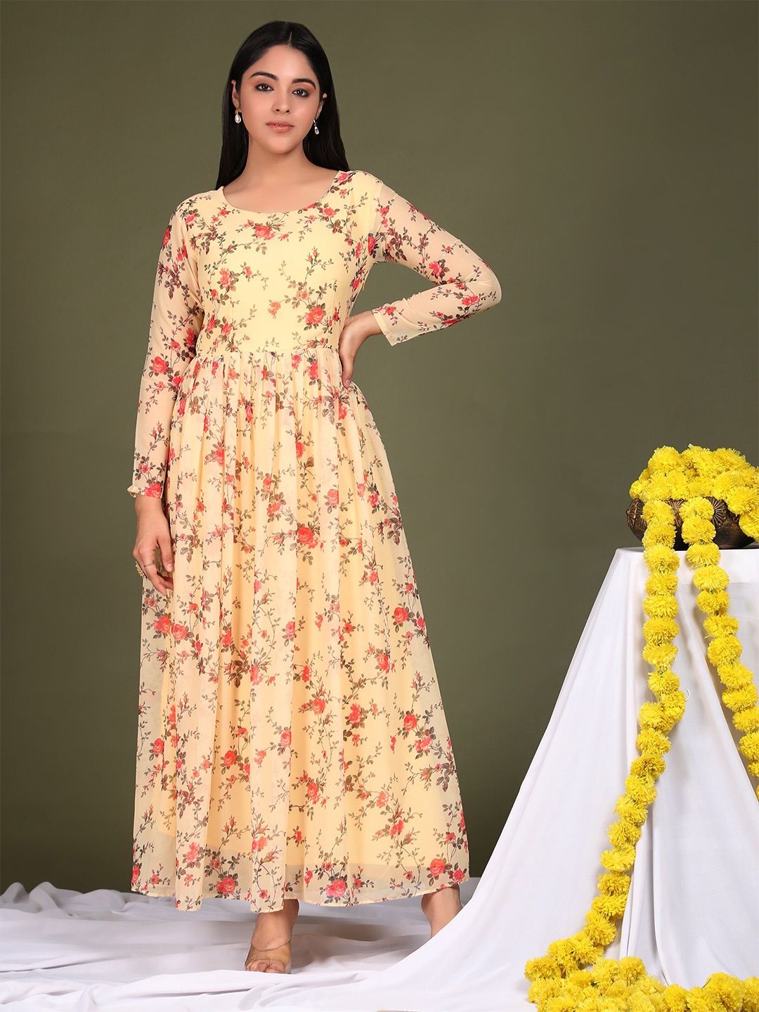 

KALINI Yellow Floral Layered Georgette Maxi Dress