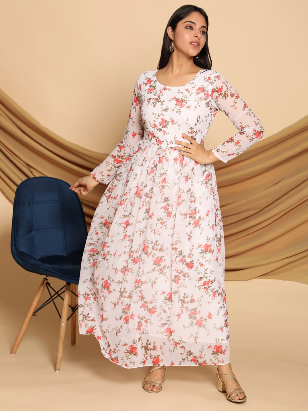 

KALINI White Floral Layered Georgette Maxi Dress