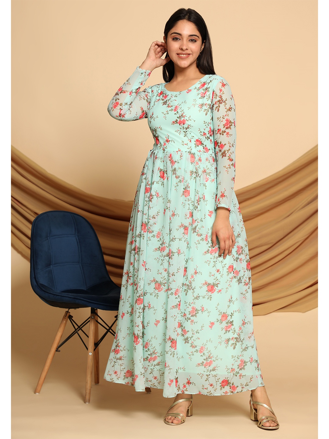 

KALINI Blue Floral Layered Georgette Maxi Dress