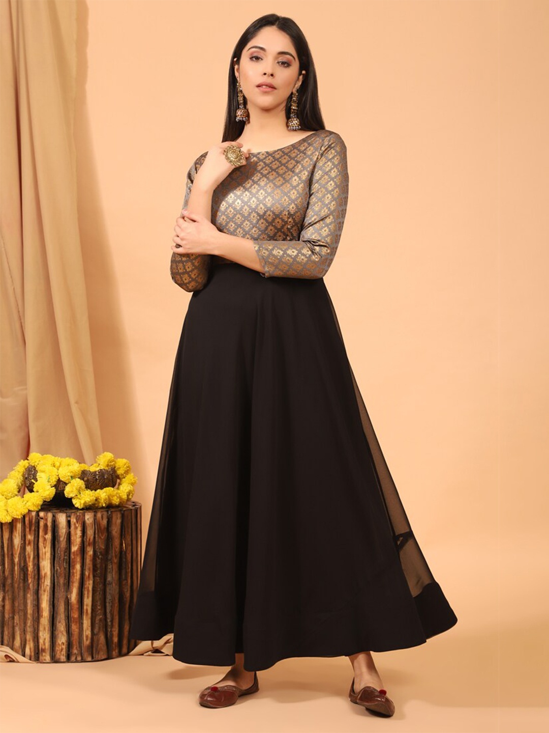 

KALINI Grey Georgette Ethnic Maxi Dress