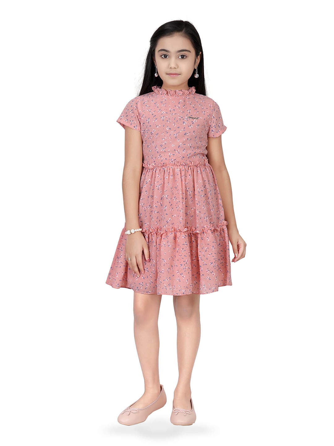 

Tiny Girl Peach-Coloured Floral A-Line Dress