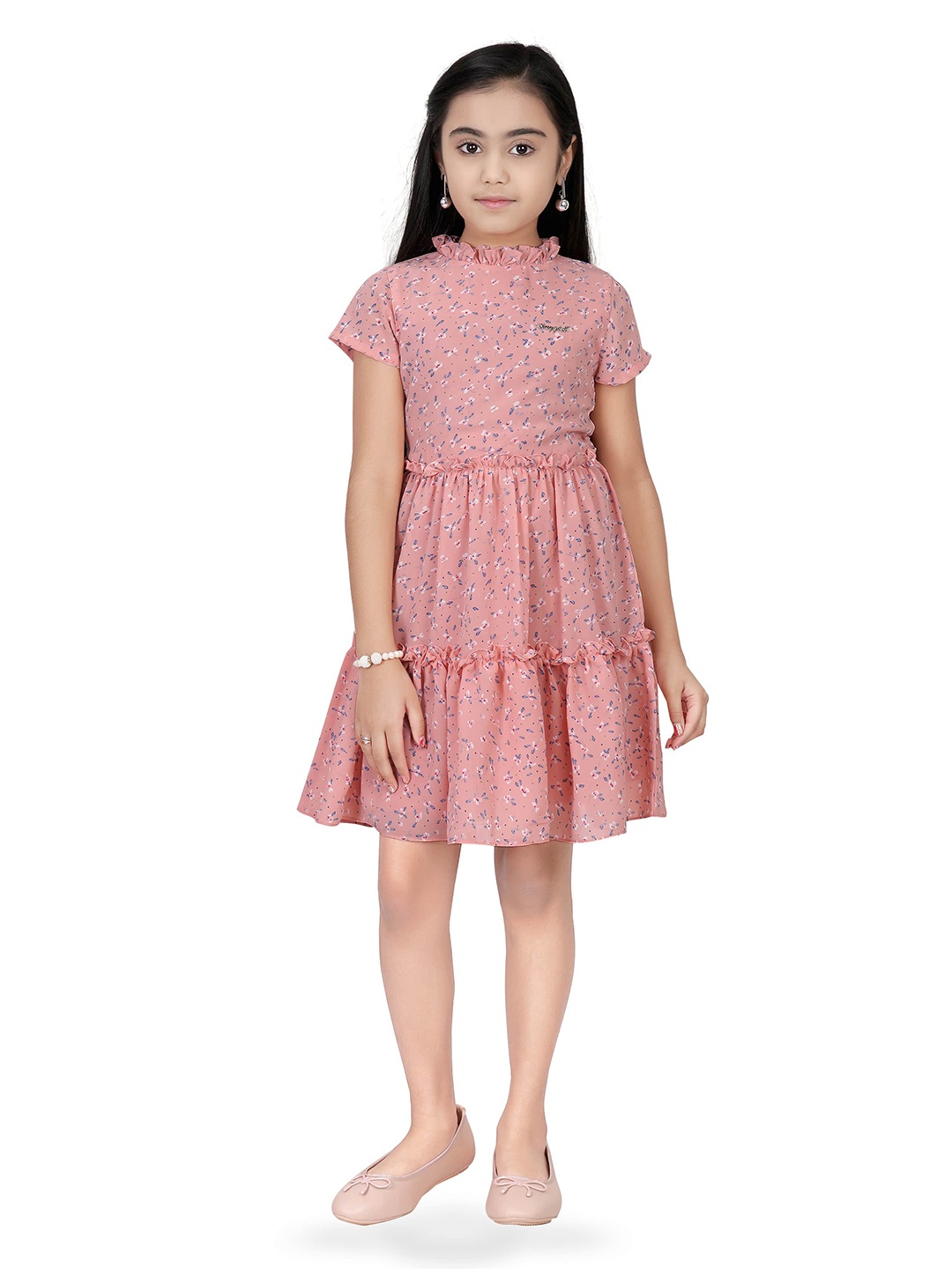 

Tiny Girl Peach-Coloured Floral A-Line Dress