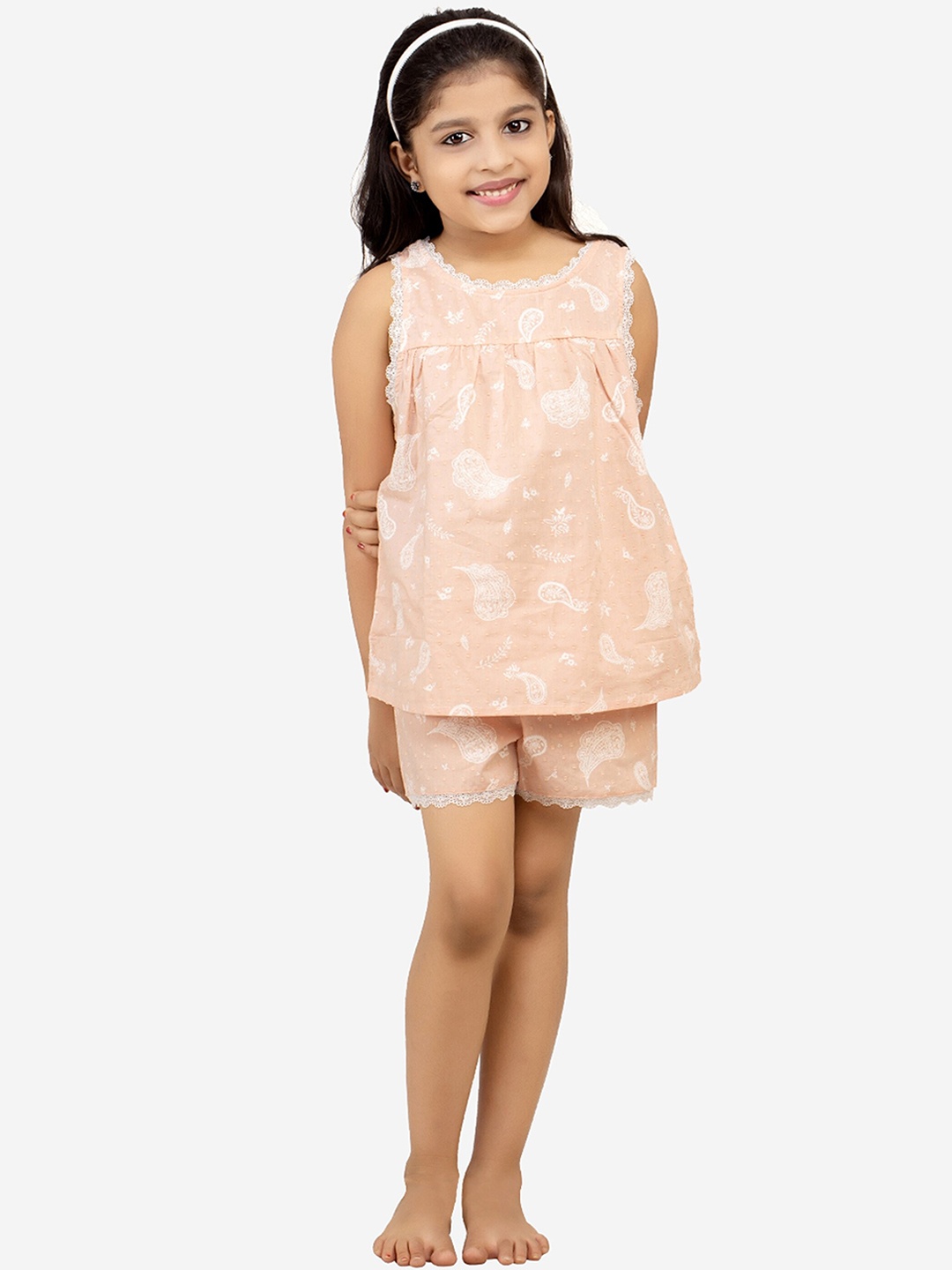 

BStories Girls Peach-Coloured & White Printed Night suit