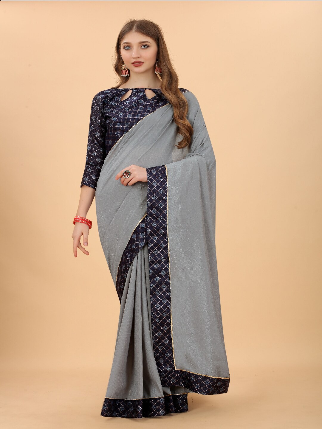

VSaree Grey & Navy Blue Woven Design Patchwork Pure Silk Bomkai silk Saree