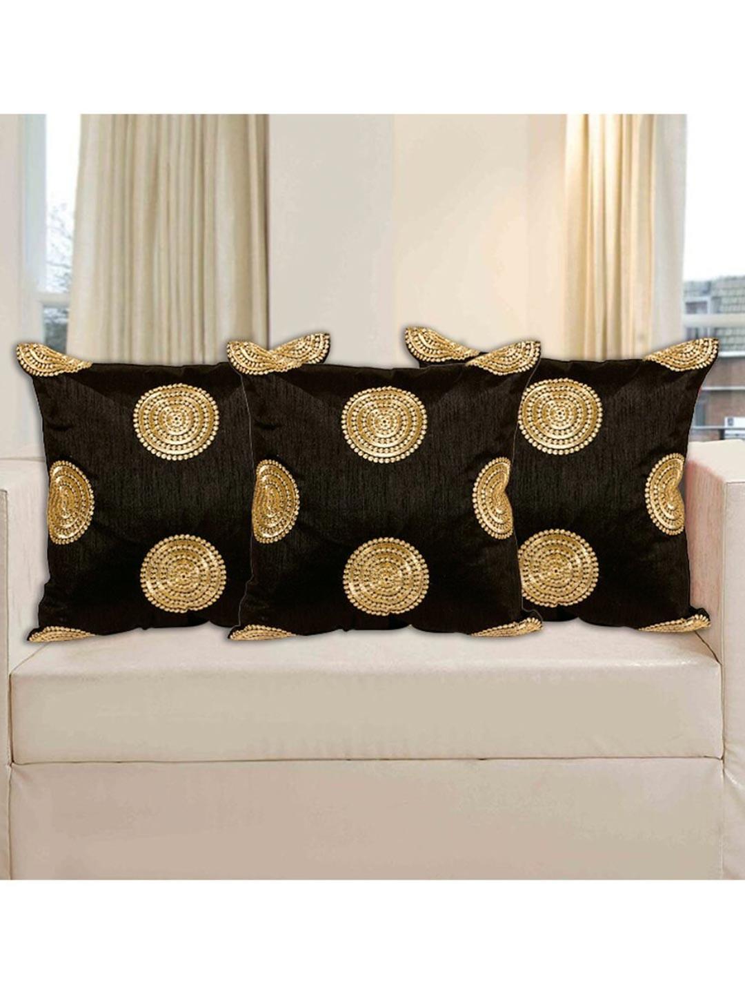 

INDHOME LIFE Green & Gold-Toned Set of 3 Embroidered Square Cushion Covers